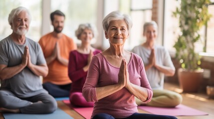 Pilates, wellness and group of senior women doing a mind, body and spiritual exercise in studio. Health, retirement and elderly friends doing yoga workout in zen class for peace, balance and fitness.