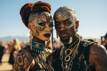 Couple of people with voodoo makeup, full-body tattoos, black african persons with afropunk or cyberpunk voodoo face tattooed