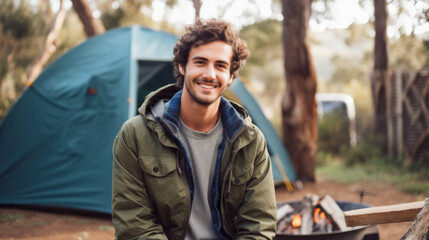 Wall Mural - Portrait of happy captivating young man enjoying camping in a beautiful outdoor landscape with natural lighting