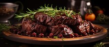 Marinated Wild Game In Red Wine Sauce With Herbs And Garlic.