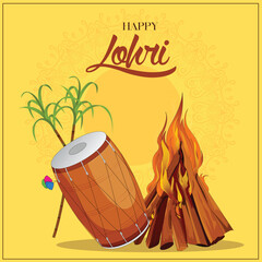 Wall Mural - Vector illustration Happy Lohri with bonfire and dhol post template