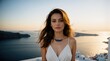 portrait of a beautiful Italian woman model in Santorini Greece, fashion shoot