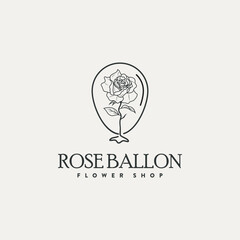 Wall Mural - Rose flower petal line and branch with leaves vector logo emblem design template illustration simple minimal linear style. Outline graphics for cosmetic product packaging and garden flower shop