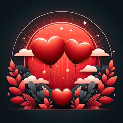 Wall Mural - Creative red heart balloon with floral and vector clouds AI Generative