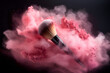 Close up of makeup blusher brush with pink powder