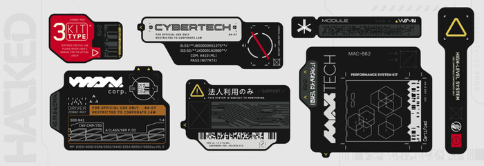 cyberpunk decals set. set of vector stickers and labels in futuristic style. inscriptions and symbol
