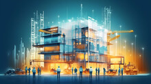 Illustration Digital Building Construction Engineering With Double Exposure Graphic Design. Building Engineers, Architect People Or Construction Workers Working With Modern Civil Equip. Generative AI.