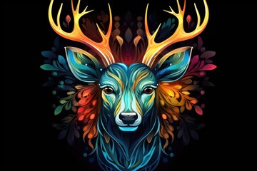 Wall Mural - Animal deer drawn in abstract colorful vector style. Isolated on black background. T-shirt, mug print pattern, Generative AI