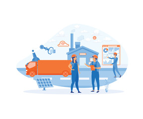 Wall Mural - Smart Factories and working people use wireless technology to control. For work flows with smart devices. flat vector modern illustration