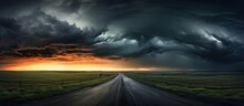 Scenic View Of Road At Dusk With Stormy Skies.