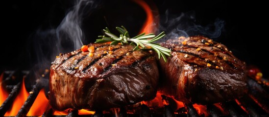 Wall Mural - Grilling beef steaks with fiery sizzle.