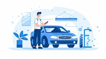 Minimalist UI Illustration Of A Mechanic Repairing A Car In A Flat Illustration Style On A White Background