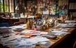 © tongpatong - A messy desk, with notes, papers, and office supplies all over the place. unkempt work