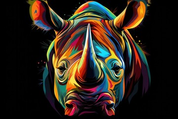 Wall Mural - Animal rhino drawn in abstract colorful vector style. Isolated on black background. T-shirt, mug print pattern, Generative AI