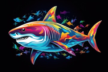 Animal shark drawn in abstract colorful vector style. Isolated on black background. T-shirt, mug print pattern, Generative AI