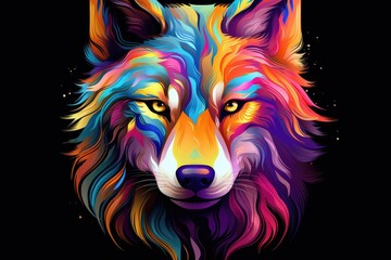 Wall Mural - Animal wolf drawn in abstract colorful vector style. Isolated on black background. T-shirt, mug print pattern, Generative AI