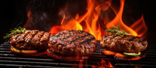 Grilled barbecue burgers made with beef or pork meat on a flame grill.