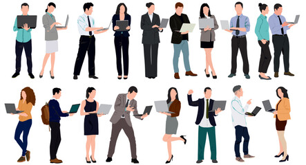 Wall Mural - Business people working at laptop. Different men and women wearing smart casual, formal office outfits standing, looking at computer. Vector realistic illustration isolated on white background. 