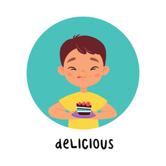 Sticker - Kid Emotion with Happy Boy Character with Delicious Cake in Round Shape Show Face Expression Vector Illustration