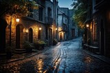 Fototapeta Londyn - Moody and atmospheric shot of an old cobblestone alley in a historic city, timeless charm