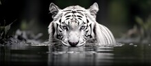 Monochromatic Image Of A White Tiger In Aquatic Surroundings.