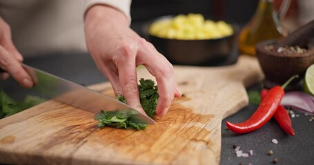 Wall Mural - Woman cutting and chopping cilantro or parsley greens on a wooden cutting board at domestic kitchen