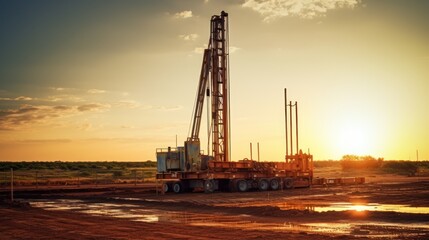 Well drilling machine, drilling a well, dry ground, sunset