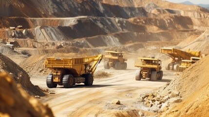 High angle view of trucks and excavators working in open pit in gold mine