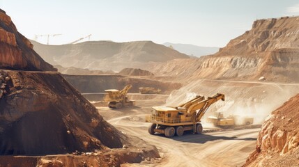 High angle view of trucks and excavators working in open pit in gold mine