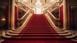 Red carpet and ceremonial VIP staircase, close up. VIP luxury entrance with red carpet. interior of the palace