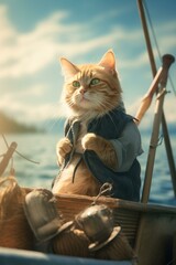 Canvas Print - A cat sitting in a boat with a fishing pole. Generative AI.