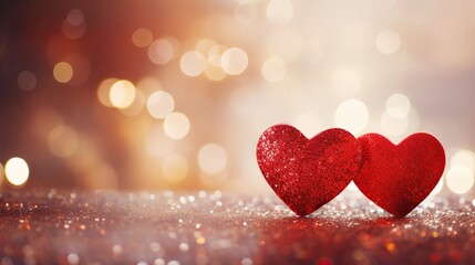 Canvas Print - Two adorable hearts, in red stand out beautifully against a blurry bokeh background of pink hues. This image exudes love and warmth