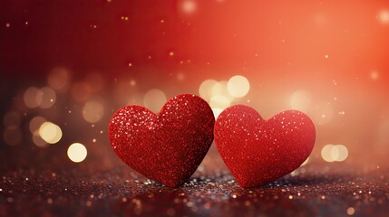 Two adorable hearts, in red stand out beautifully against a blurry bokeh background of pink hues. This image exudes love and warmth