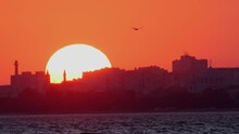 Big Sun Setting Outside City On Sea, Beautiful Orange Sunset.