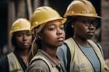 Fototapeta  - Group diverse female construction workers wearing safety helmets. Women architects team on industrial project. Generate ai