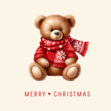 Plush Toy Teddy Bear Sits With A Christmas Red Scarf And Sweater. Watercolor Illustration.