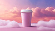 © ladyalex - Coffee cup mockup. Paper pink coffee cup on clouds sky purple background copy space. Blank template coffee mug. To-go cup. Takeout warm beverage. Hot drink. Morning ritual cappuccino, latte