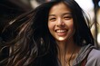 woman asian smiling Close outdoors winter attractive beautiful beauty casual attire cheerful closeup clothing ethnicity eyes closed face fashion female flying girl hair care half happy lifestyle 1