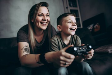 Mother son games together. Grown woman having fun and interesting time with little boy. Generate AI