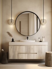 restroom counter with round mirror home interior design mockup template showcase restroom design in warm and contemporary cosy element good lighting and material scheme background