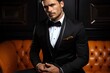 side looks man business fashion model dramatic latin happy male guy handsome macho suit black attaching bow tie neck tuxedo coat looking gentleman background formal groom stylish clothing shirt