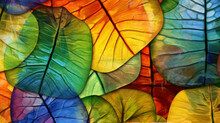 Stained Glass Window Background With Colorful Leaf And Flower Abstract.
