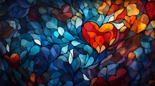Stained Glass Window Background With Colorful Leaf And Heart Abstract. Valentine Day Concept.