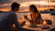 European lovers sitting on a yacht having dinner. They love each other every day, even if it's not Valentine's Day. Ai generate.