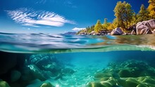 Crystal Clear Sea Water. Clear Blue Tropical Ocean Water Moving. Shot From Border Of Air And Water With Dome. Half Underwater Slow-motion View Of Sandy Beach Bottom And Rock With Trees. Tropical Islan