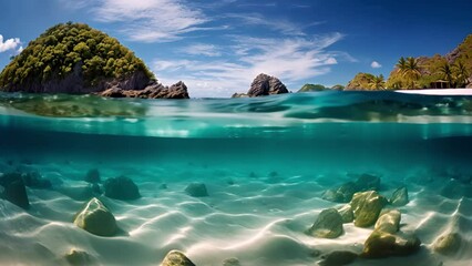 Wall Mural - Crystal clear sea water. Clear blue tropical ocean water moving. Shot from border of air and water with dome. Half underwater slow-motion view of sandy beach bottom and rock with trees. Tropical Islan