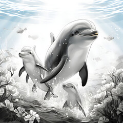 Dolphines pencil Drawing -Jumping dolphin isolated on white background.Ai