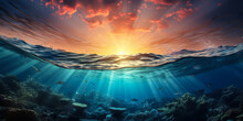 Dramatic Underwater Seascape With Sunbeams Piercing Through The Ocean Surface Amid Rolling Waves And A Vibrant Sunset Sky