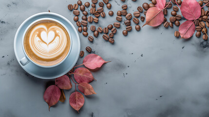 Wall Mural - Light blue cup of cappuccino from above with latte art, dried pink leaves and grasses, on a slate stone, coffee beans, isolated on a white background.