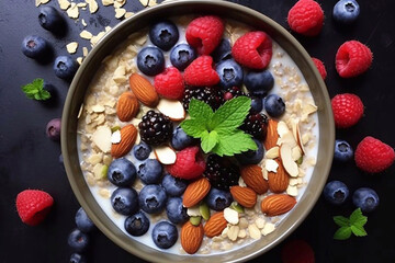 Wall Mural - Paleo style breakfast: gluten free and oat free muesli made with nuts, dried berries and fruits, top view